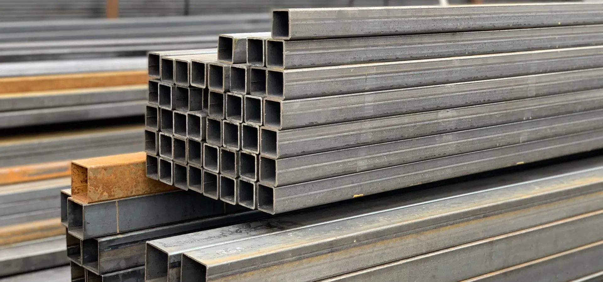 Stacked rectangular steel tubing in yard
